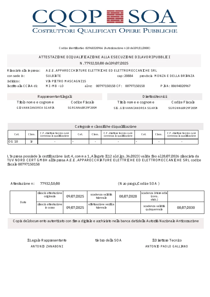 Prima pagina dell’attestazione SOA A.E.E.