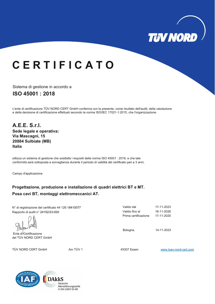 Prima pagina del certificato ISO 45001:2018 A.E.E.