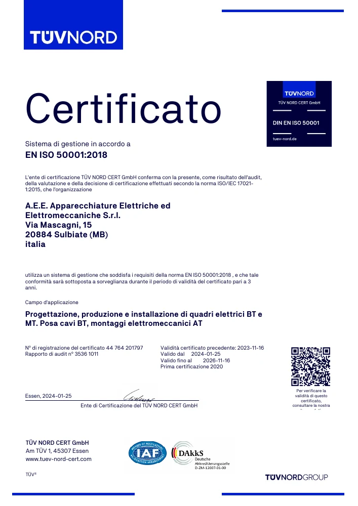 Prima pagina del certificato EN ISO 50001:2018 A.E.E.