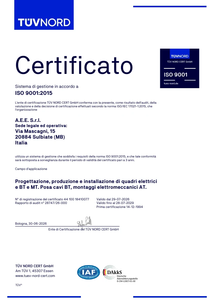 Prima pagina del certificato ISO 9001:2015 A.E.E.